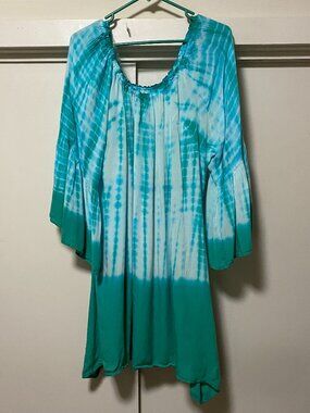 Ace, beautiful long bell sleeve, blue/green & white tie dye dress/tunic, size 2X